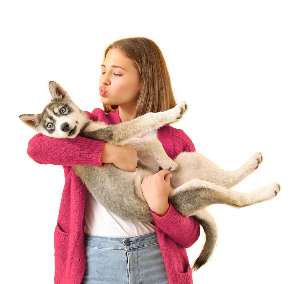 Girl holding tan and white dog in her arms