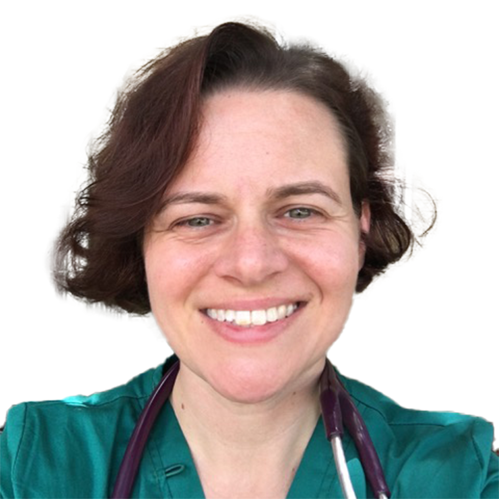 smiling female veterinarian with short brown hair